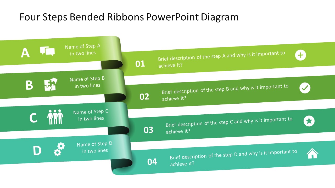 Four Steps Bended Ribbons PowerPoint Diagram