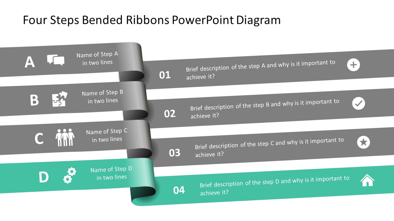 Four Steps Bended Ribbons PowerPoint Diagram